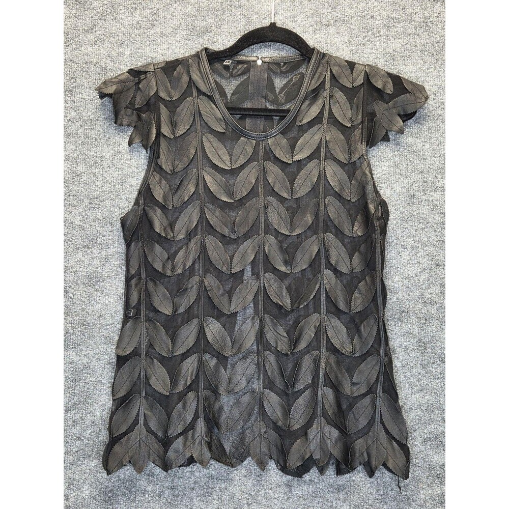 Blouse Womens Large Black Leather Leaf Mesh Zip Tunic Cap Sleeve Party Back Zip